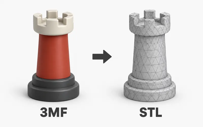 Multicolored 3MF chess rook becoming the same shape as a gray STL rook with visible triangle mesh edges.