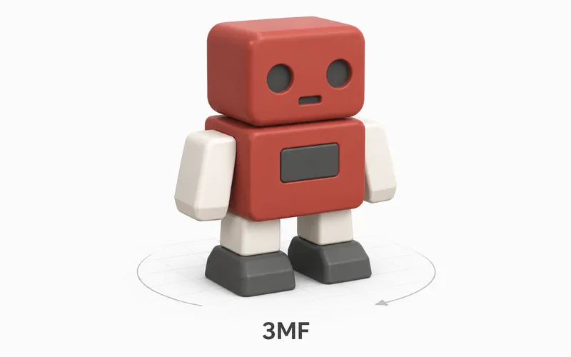 A multicolored blocky robot figurine on a viewing grid with a 3MF label and orbit arc.