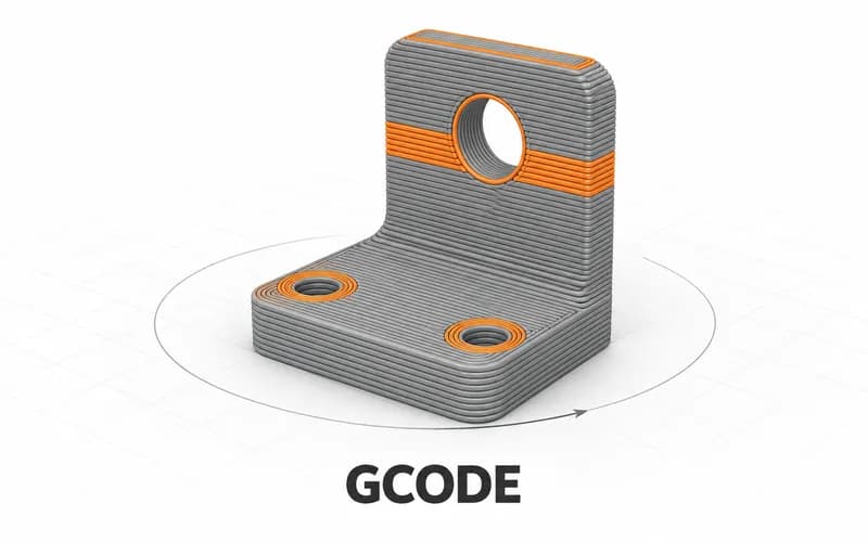 A complete gray mounting bracket shown as G-code layer paths with orange highlights, mounting holes and an orbit arc.