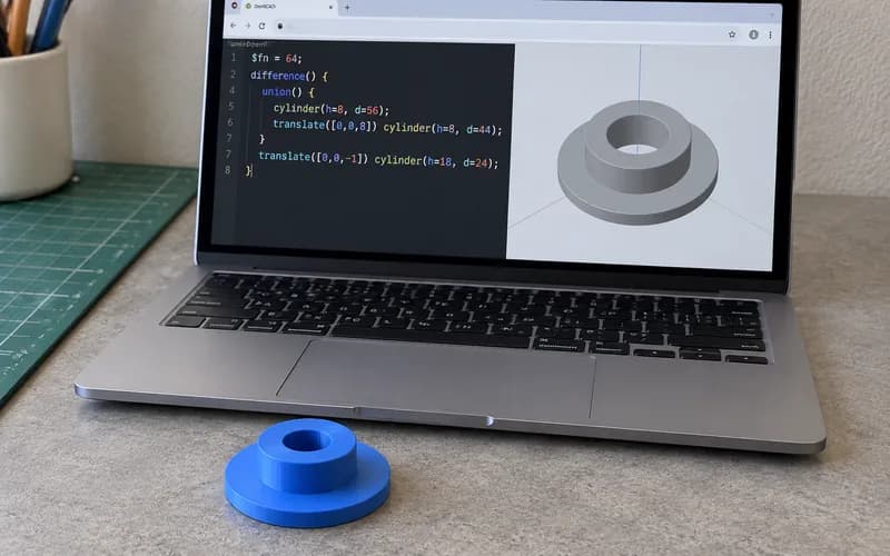 OpenSCAD code and model preview on a laptop beside a matching blue printed flanged bushing.