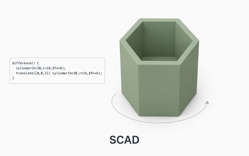 A sage-green hexagonal cup preview beside a small OpenSCAD code excerpt, with an orbit arc underneath.