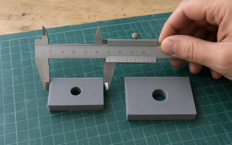 Maker measuring a gray printed mounting plate with a caliper beside a larger matching plate.