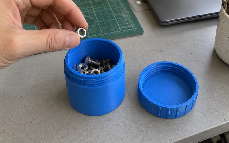 Hand placing a nut into a blue printed screw-top container beside its lid.