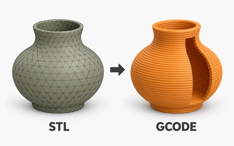 Triangulated olive-gray STL vase becoming orange stacked G-code contour paths with a cutaway revealing the layers.