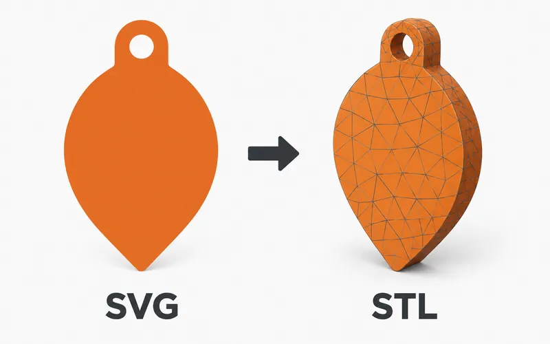 Flat orange SVG leaf silhouette becoming a matching solid STL keychain with visible triangle mesh edges.